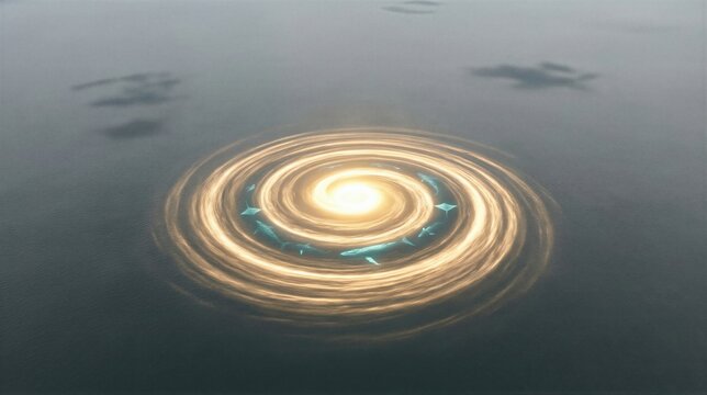 Marine animals swimming in a golden vortex on water surface. Genesis day 5 religious concept of biblical creation. Divine light shining over the ocean with whales and manta rays.