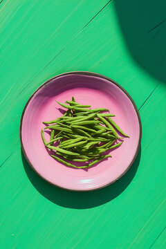 Top view still life of fresh green beans on a deep pink plate on a bright green wooden table.