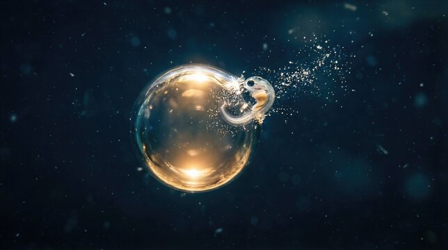 Tiny fish hatching from egg bubble in dark water. Genesis day 5 creation of aquatic life. Beginning of life in ocean. Marine biology concept of birth and underwater ecosystem development.
