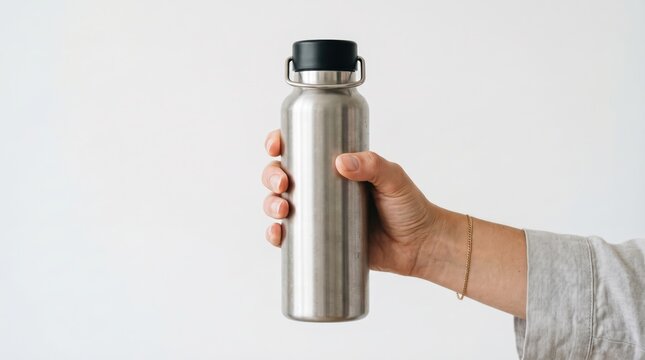 Hand holding stainless steel bottle with screw cap and handle