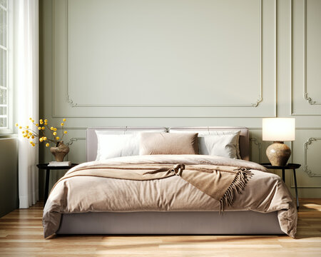 Bright modern bedroom interior design. 3D Rendering, 3D Illustration