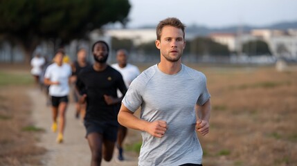 Fototapeta premium Focused male athlete jogs with a group of people through a dusty outdoor path during a group fitness session
