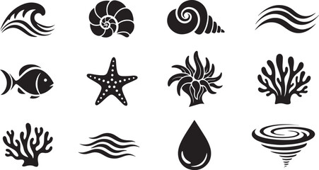 Marine Life and Ocean Elements Vector Icon Set: Sea Shells, Coral, Waves, and Fish Symbols © Abida Sultana 96