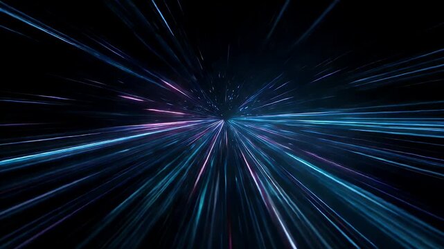 Abstract digital warp tunnel footage with vibrant neon light streaks moving from center outwards in dark space, speed effect motion graphic background.