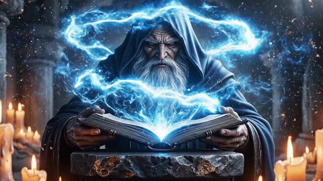 An old wizard reads a magical book with blue lightning in a candlelit room