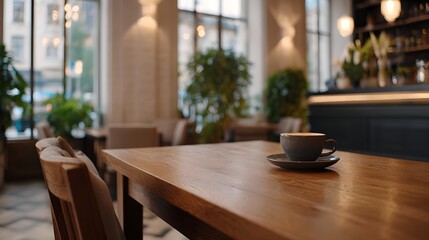 Fototapeta premium A detailed tranquil view of a wooden table set with a cup positioned inside a brightly lit modern cafe