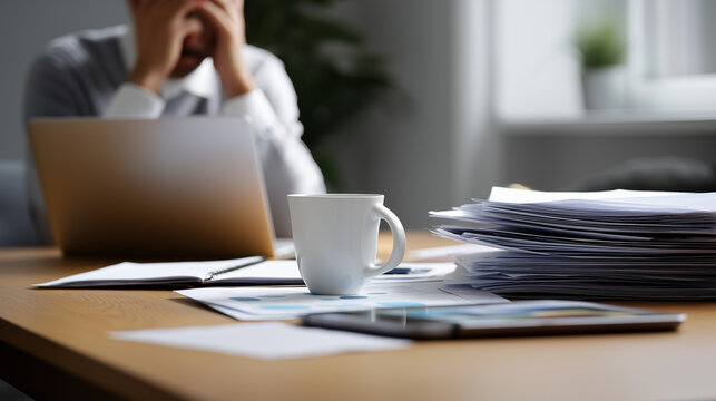 Man overwhelmed by paperwork working on a laptop with stacks of documents, symbolizing heavy workload and stress.