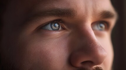 Fototapeta premium A thoughtful dramatic profile portrait focusing intensely on a man s contemplative blue eyes