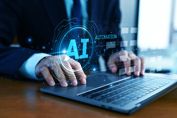 Naklejka premium AI in business is revolutionizing operations by automating processes, enhancing data-driven decision-making, and improving efficiency for sustainable growth and competitive advantage.
