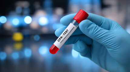 Naklejka premium Gloved hand holding a blood sample test tube labeled COVID-19 in a clinical laboratory setting.