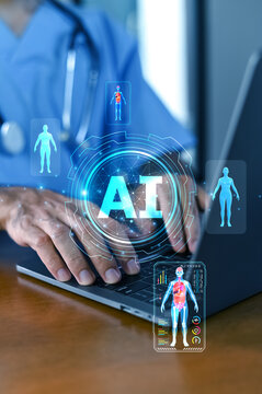 Doctor using technology AI Artificial intelligence for data analysis and following treatment to monitor patient data and support precision healthcare
