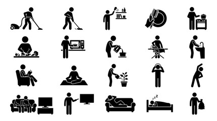 Obraz premium Daily Home Routine Icon Collection Cleaning Cooking Relax Indoor Silhouette Vector Set