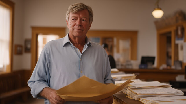 Middle-aged homeowner standing at county assessor public counter, manila folder of property comparables spread on desk, clerk reviewing forms, property tax appeal process, assessment protest, reside
