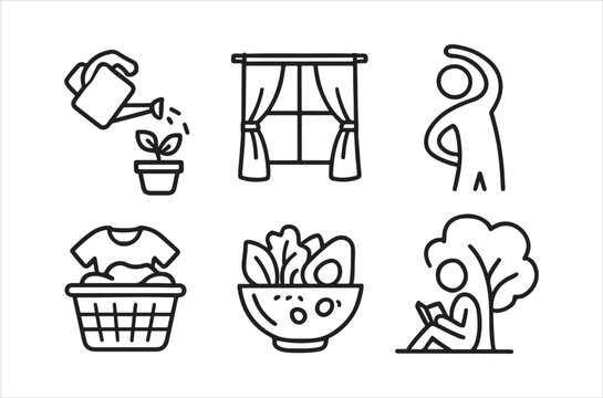 Line art icons depicting gardening laundry and relaxing outdoors