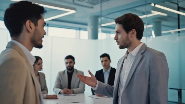 Two professional men networking in modern office with colleagues in background during business event