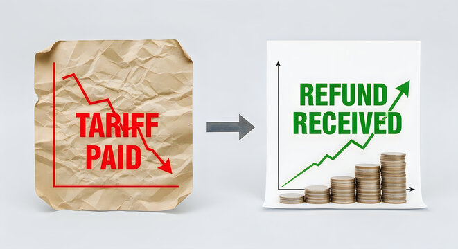Visual comparison of falling tariffs leading to increased refunds, depicted with charts and coins