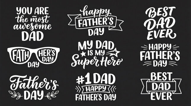 Happy Fathers Day lettering calligraphic compositions. Hand drawn inscriptions on dark background for greeting card. My dad is my super hero, Best dad ever, You are the most awesome dad. See Less