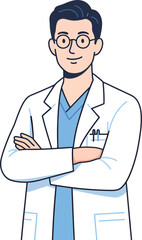 Fototapeta premium Friendly male doctor cartoon character, confident medical professional in white coat and scrubs, vector illustration for healthcare design