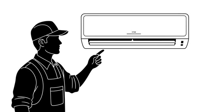 A vector illustration shows an air conditioning service worker as a dark silhouette inspecting an AC unit against a clean white background, presented with a simple, minimalist design