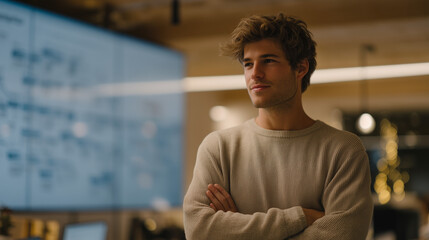 Fototapeta premium AI ethics researcher stands before massive wall-mounted screen displaying neural network decision trees, arms crossed, skeptical expression, warm indoor office lighting, representing machine learnin