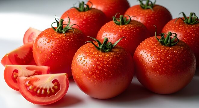 Fresh Ripe Red Tomatoes with Water Droplets Close-up on White Background