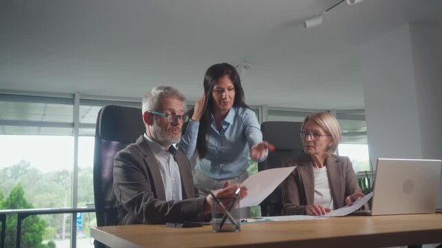 Angry team leader director shouting dissatisfied boss arguing at office meeting annoyed businesswoman swear employees for mistake wrong failed project on laptop business problem conflict scold workers