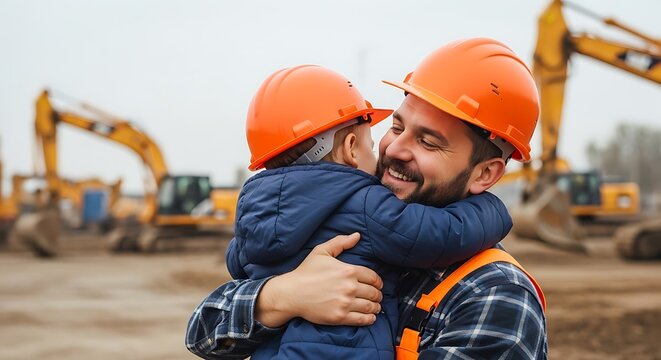 Touching fathers day moment dad and son embrace at construction site