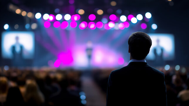Crowd enjoying a live concert with colorful stage lights and vibrant atmosphere.