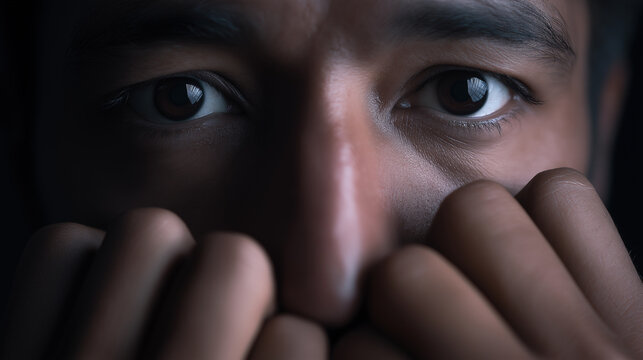 Closeup of worried man covering mouth with hands expressing anxiety and fear