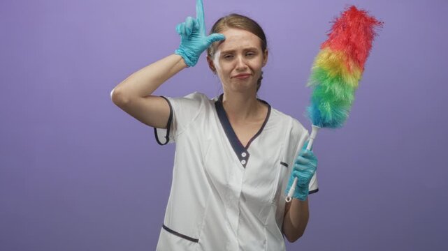 Woman in cleaning uniform wearing blue gloves holds rainbow duster and makes l sign to forehead in studio; exasperation wry humor.
