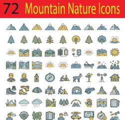 Fototapeta premium Premium Mountain Landscape & Wilderness Linear Icons: Minimalist Peak, Forest Trees, Nature Scenery, and Outdoor Environment Vector Symbols. 