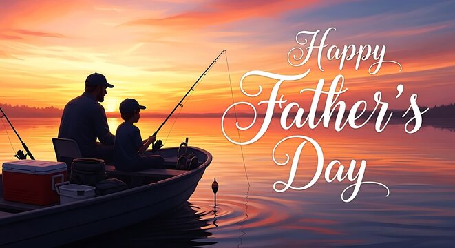 Happy fathers day silhouette of father and son fishing at sunset a heartwarming scene