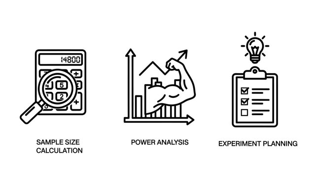 Scientific research and data analysis icons: sample size calculation power analysis experiment planning with magnifying glass social science calculation research statistics methodology analysis
