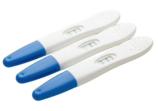 Three positive pregnancy test sticks with blue cap isolated on transparent background