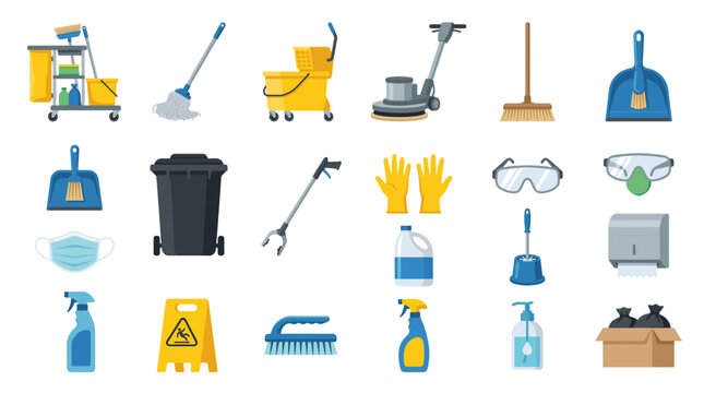 Cleaning tools and janitorial supplies set in flat style including mop bucket trash bin spray bottle gloves and brushes isolated on white background