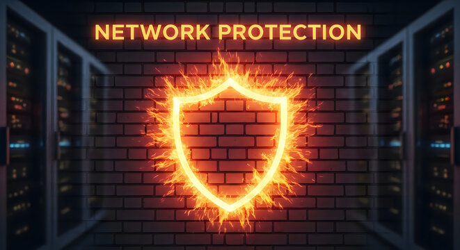 Digital of a shield engulfed in flames with "network protection" text