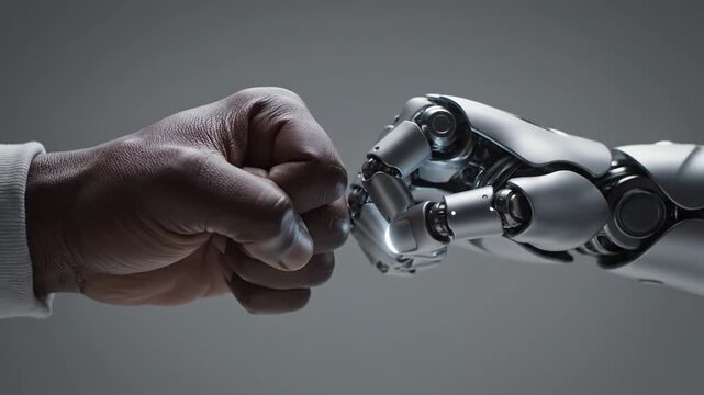 Human hand and robotic hand touching fingers.