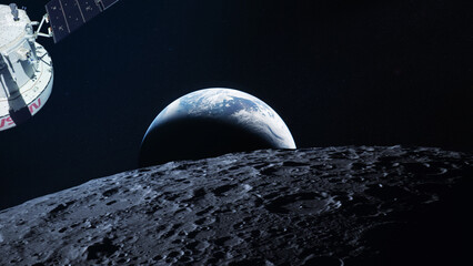 Fototapeta na wymiar Orion spacecraft near to the Moon surface. Artemis II space mission. Elements of this image furnished by NASA.