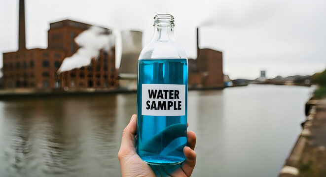 Hand holding bottle of blue water sample with industrial background