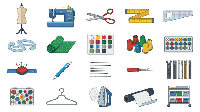 Sewing and tailoring tools collection in flat style including sewing machine, mannequin, scissors, thread, measuring tape and fabric supplies isolated on white background