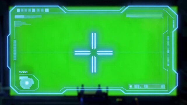 Animated crosshair expanding and locking on green screen with holographic targeting interface featuring futuristic digital display technology and glowing green elements in sci fi virtual aiming system