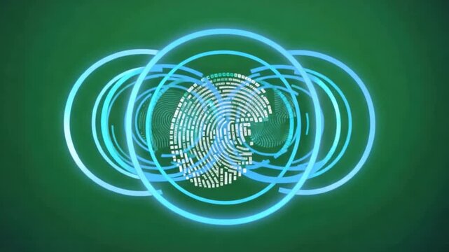 Circular scan lines moving vertically with digital fingerprint pattern blue and green background showcasing futuristic technology, security, biometric authentication, and abstract glowing rings