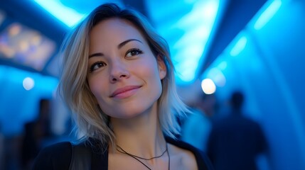 Obraz premium A portrait of a smiling woman standing in a brightly lit futuristic blue corridor conveying feelings of optimism and style