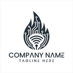 Technology company logo with circuit board and flame design © MD86