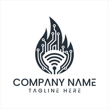 Technology company logo with circuit board and flame design