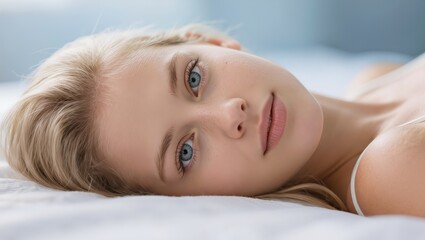 Fototapeta premium Close-up portrait of a young blonde woman with piercing blue eyes lyin.