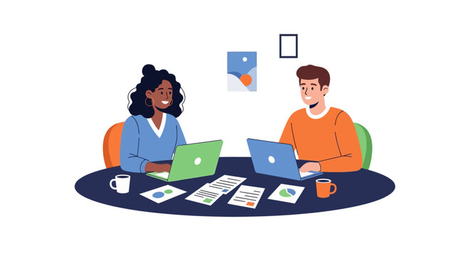Vector illustration of two smiling young professionals collaborating on individual income tax preparation using laptops at a round table covered in documents, set against a clean white