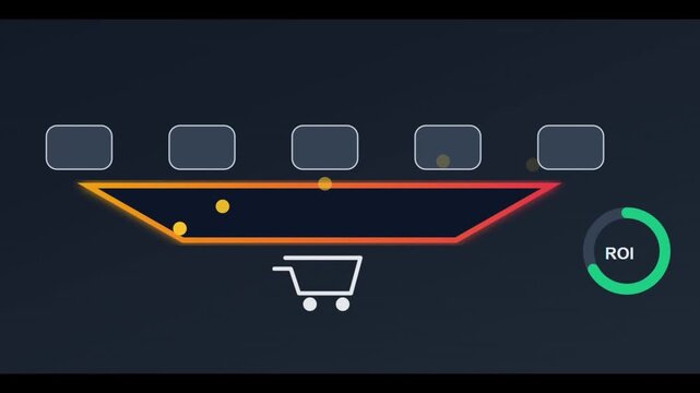 ROI sales funnel animation, digital marketing conversion process with shopping cart icon, return on investment data visualization on dark background
