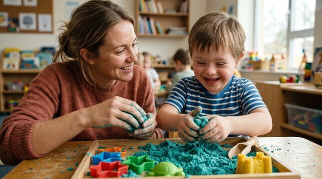 Woman teacher and boy with Down syndrome playing with kinetic sand in classroom. Creative sensory learning and child development activities. Inclusive education for children with disability.