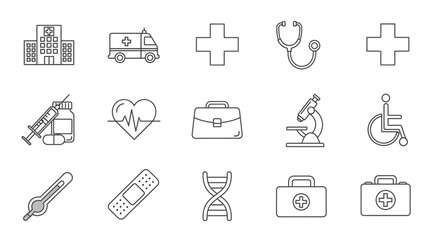 Fototapeta premium Set of medical and healthcare line icons representing hospital, ambulance, stethoscope, wheelchair, and related items.